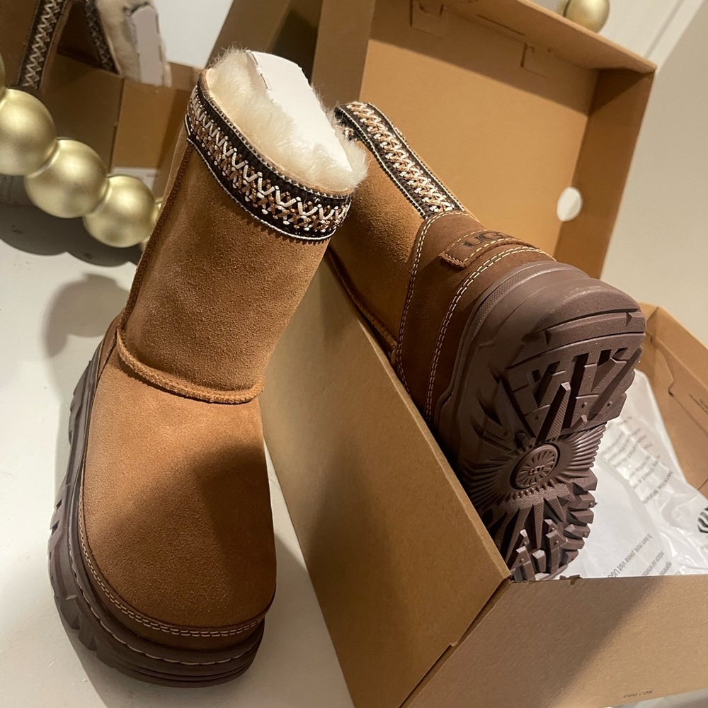 UGG Tan Winter Boots with Patterned Trim